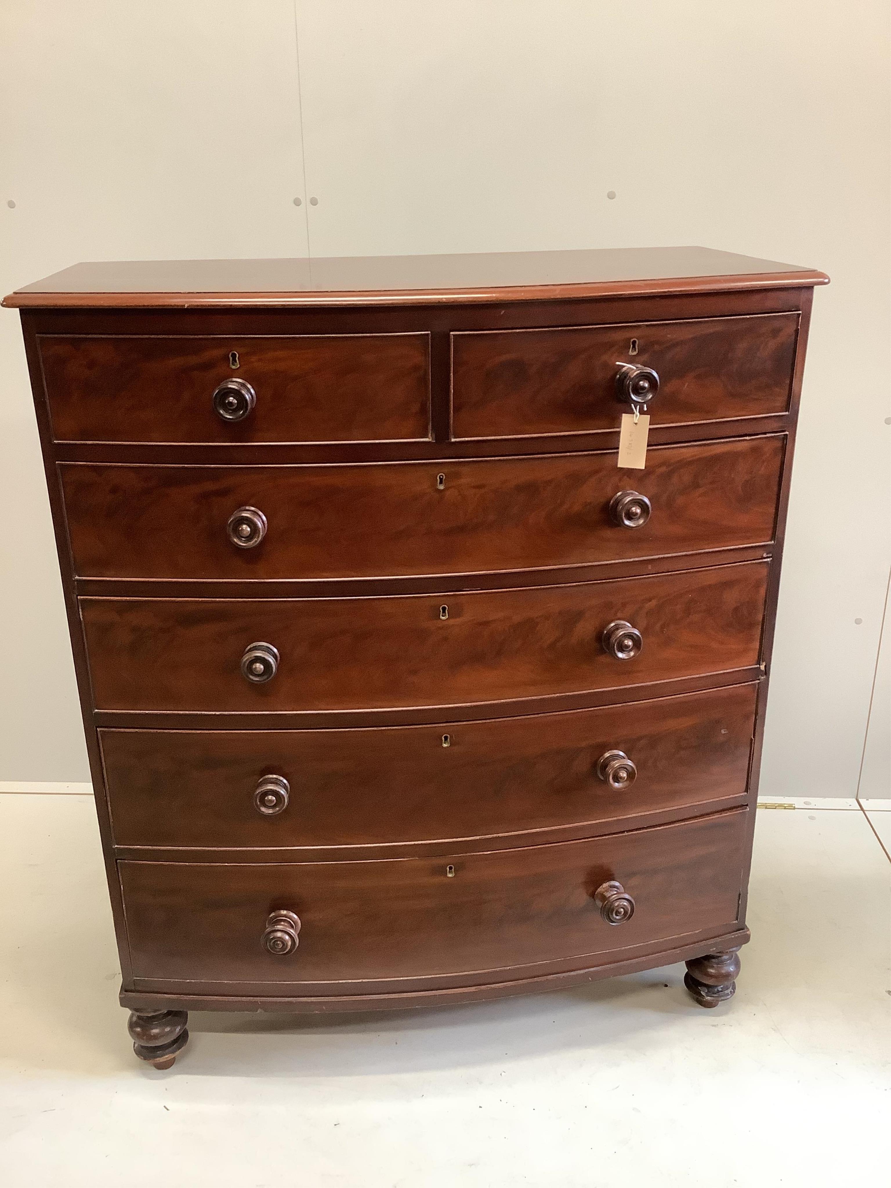 A Victorian mahogany bow front chest, width 107cm, depth 54cm, height 125cm